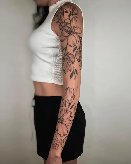 Fine Line Black And Grey floral full sleeve tattoo design for women