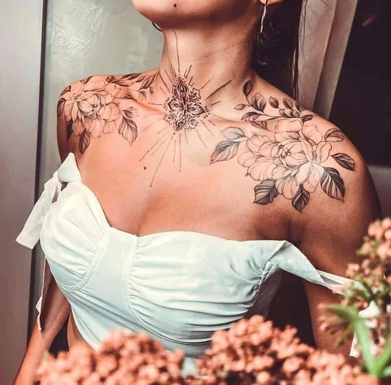 Fine Line Black And Grey floral mandala tattoo for women on chest