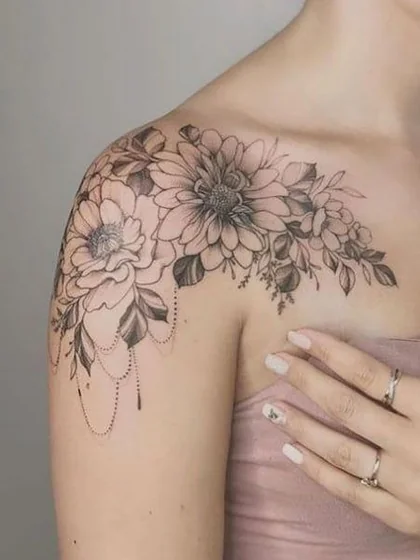 Fine Line Black And Grey floral tattoo design for women on shoulder
