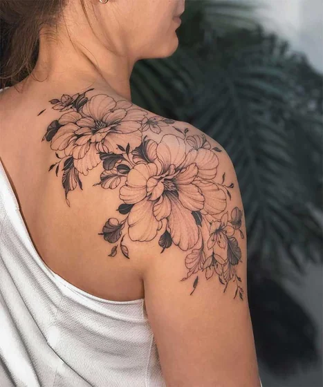 Fine Line Black And Grey floral tattoo design for women on shoulder