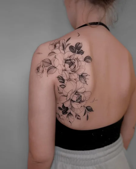 Fine Line Black And Grey floral tattoo design for women on shoulder and back
