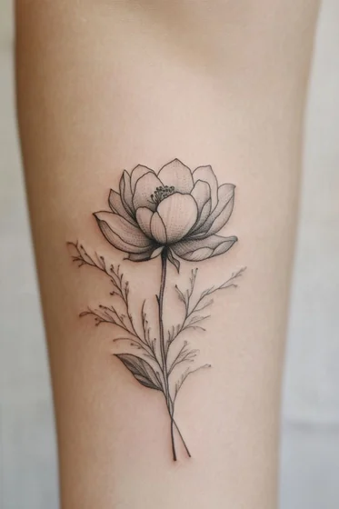 Fine Line Black And Grey floral tattoo design for women on upper arm