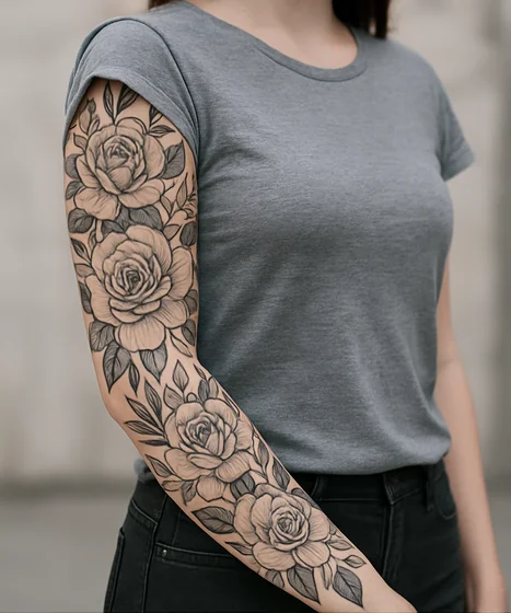 Fine Line Black And Grey rose floral full sleeve tattoo design for women