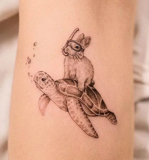 Fine Line Black And Grey turtle & rabbit with snorkel tattoo for women on arm