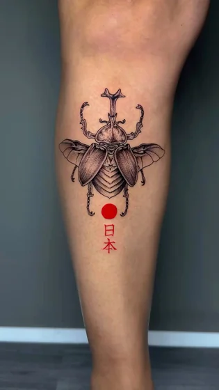 Fine Line Black & Grey Beetle & Japanese Text tattoo design for men & women on calf