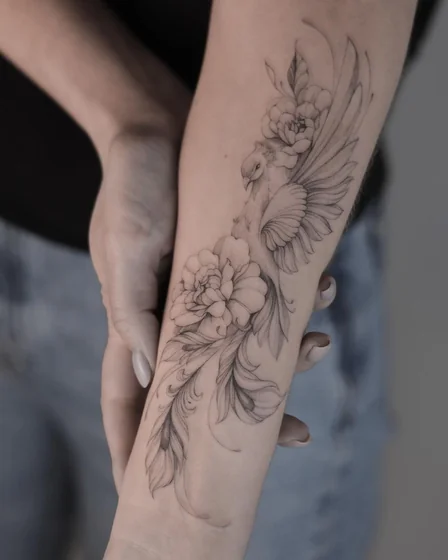 Fine Line Black & Grey Dove and Floral tattoo idea for women on forearm
