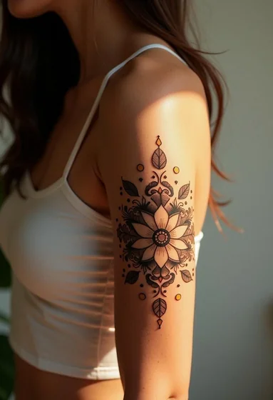 Fine Line Blackwork floral tattoo design for women on Upper Arm