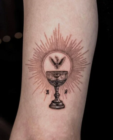 Fine Line Christian Chalice & Dove tattoo idea for men, women