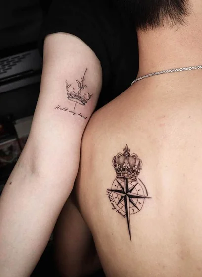 Fine Line Crown, Compass & Quote tattoo design for Men & Women on Arm & Back