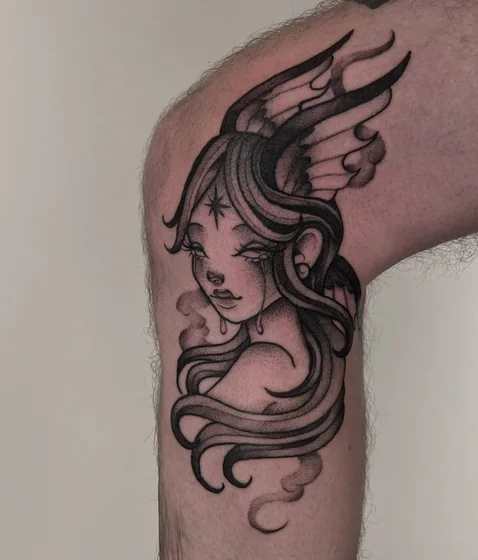 Fine Line Dotwork Angel Fairy with Star tattoo design for women on Knee