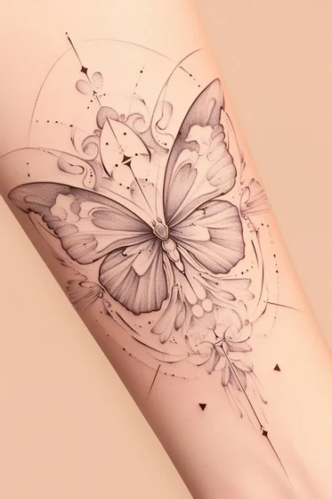 Fine Line Dotwork Butterfly tattoo design for women on forearm