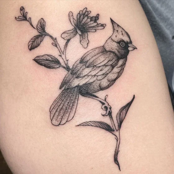 Fine Line Dotwork Cardinal Flower Floral tattoo design for women on arm