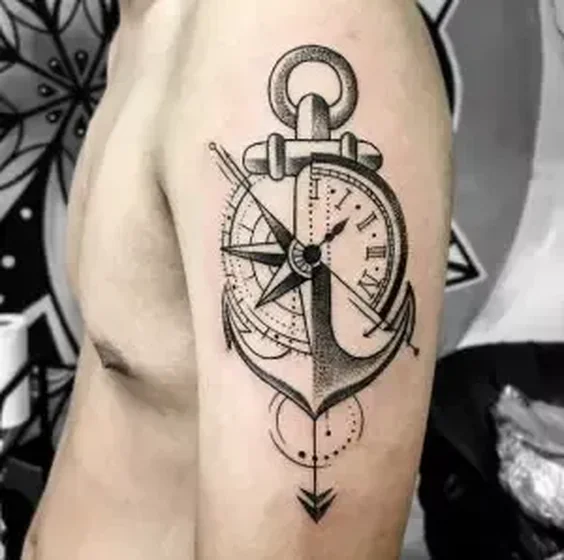 Fine Line Dotwork Compass, Clock, Anchor tattoo for men on Upper Arm
