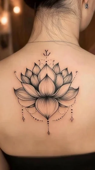 Fine Line Dotwork Lotus Flower tattoo design for women on back