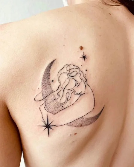 Fine Line Dotwork Moon Star Figure tattoo design for women on back