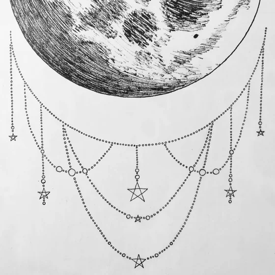 Fine Line Dotwork Moon and Star with Beaded Chain tattoo design