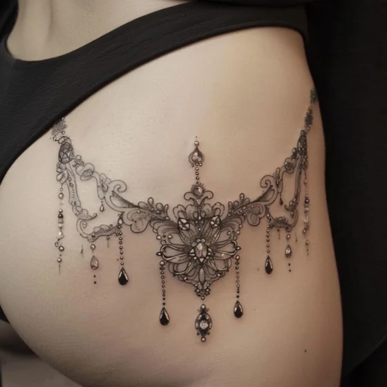 Fine Line Dotwork Ornamental jewelry tattoo design for women on hip