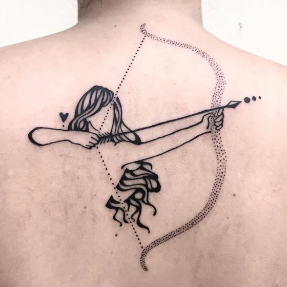 Fine Line Dotwork Sagittarius archer tattoo design for women on back