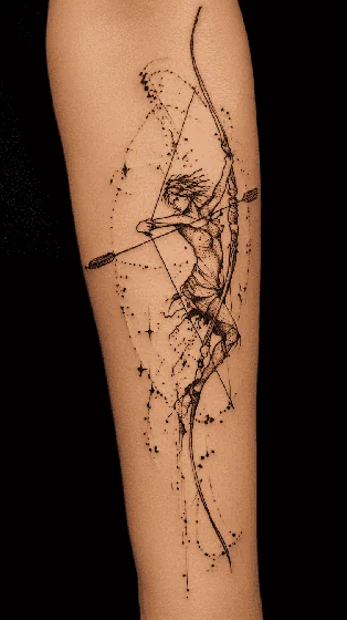 Fine Line Dotwork Sagittarius archer with stars tattoo design for women on forearm