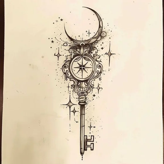 Fine Line Dotwork celestial key with moon and stars tattoo design for men and women