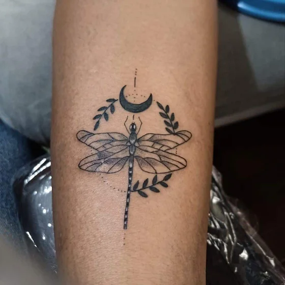 Fine Line Dotwork dragonfly moon and vine tattoo design for men on forearm tattoo ideas