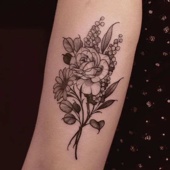 Fine Line Dotwork floral bouquet tattoo for women on forearm