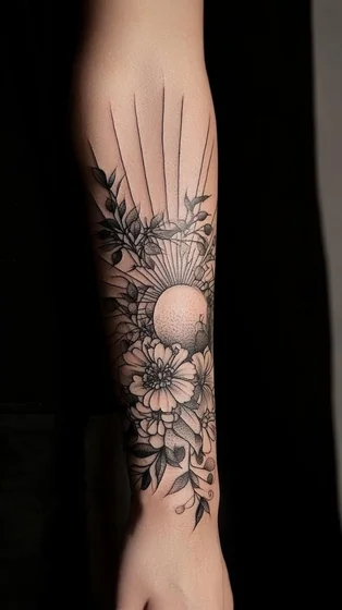Fine Line Dotwork floral sun tattoo idea for women on forearm.