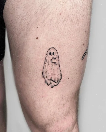 Fine Line Dotwork ghost tattoo design for men on thigh