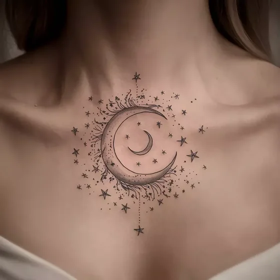 Fine Line Dotwork moon & stars tattoo design for women on sternum