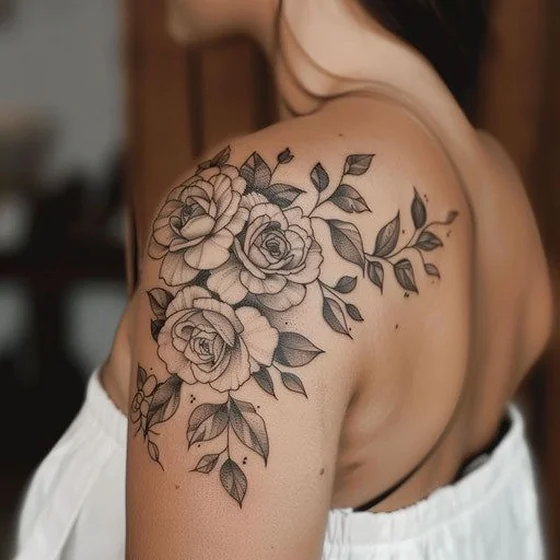Fine Line Dotwork rose floral tattoo design for women on shoulder.