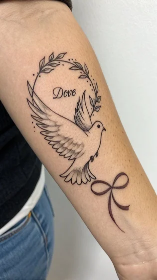 Fine Line Dove, Floral wreath & Word tattoo idea for women on forearm