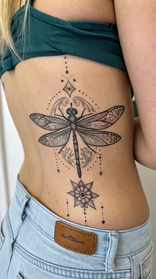 Fine Line Dragonfly and Flower tattoo idea for women on rib