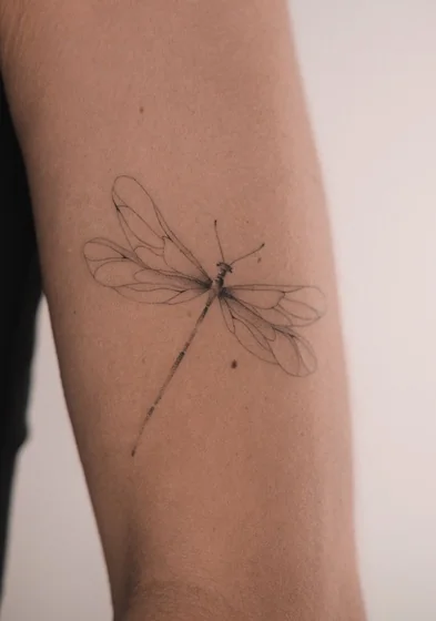 Fine Line Dragonfly tattoo design for men and women on Upper Arm