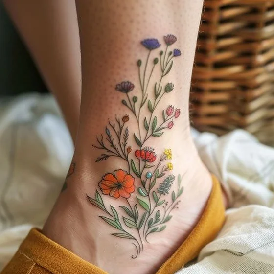 Fine Line Flower and Floral tattoo idea for women on Ankle