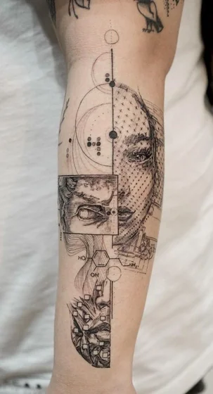Fine Line Geometric Abstract Portraiture tattoo for women on forearm