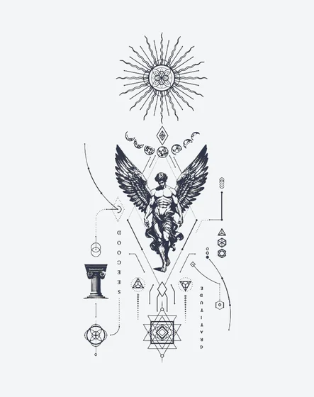 Fine Line Geometric Angel, Sun, Moon, Column tattoo design for men