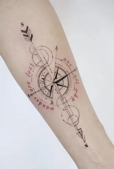 Fine Line Geometric Compass Arrow Quote tattoo design for men, women on forearm