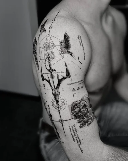 Fine Line Geometric Deer Lion Sword tattoo design for men on upper arm
