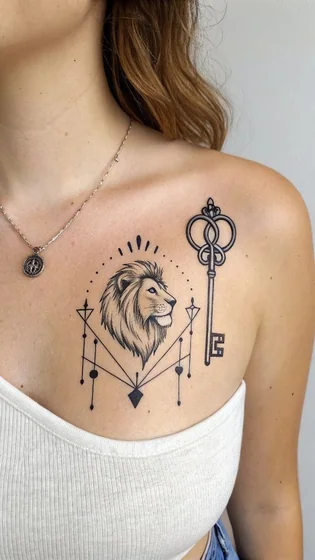 Fine Line Geometric Lion and Key tattoo design for women on chest
