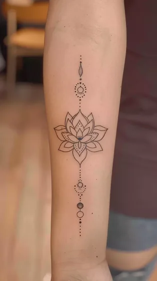 Fine Line Geometric Lotus tattoo for women on forearm.