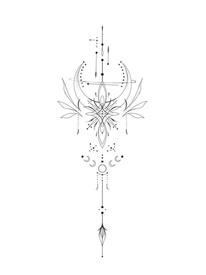 Fine Line Geometric Moon and Floral tattoo design for women