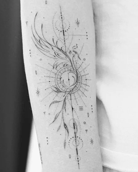 Fine Line Geometric Phoenix Clock Star tattoo design for women on forearm
