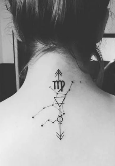 Fine Line Geometric Virgo Sagittarius constellation tattoo design for women on Neck.