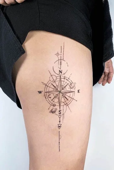 Fine Line Geometric compass space tattoo idea for women on thigh
