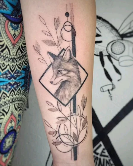 Fine Line Geometric fox and floral tattoo design for women on forearm