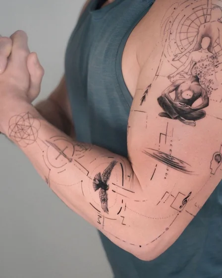 Fine Line Geometric spiritual tattoo design for men on arm with bird.