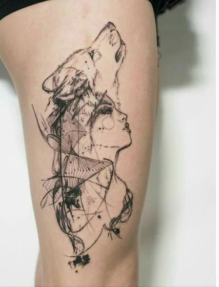 Fine Line Geometric wolf and female profile tattoo design for women on thigh