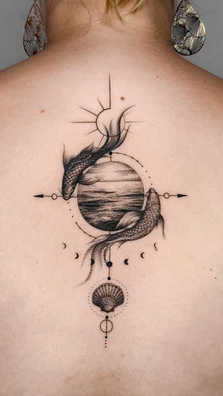 Fine Line Koi Fish Sun Moon Seashell Compass tattoo for women on back