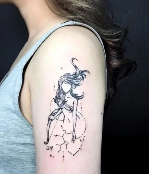 Fine Line Linework Sagittarius constellation tattoo for ladies on Upper Arm