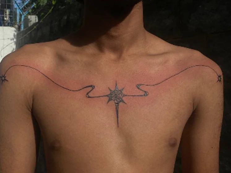 Fine Line Linework Star tattoo design for men on chest and sternum